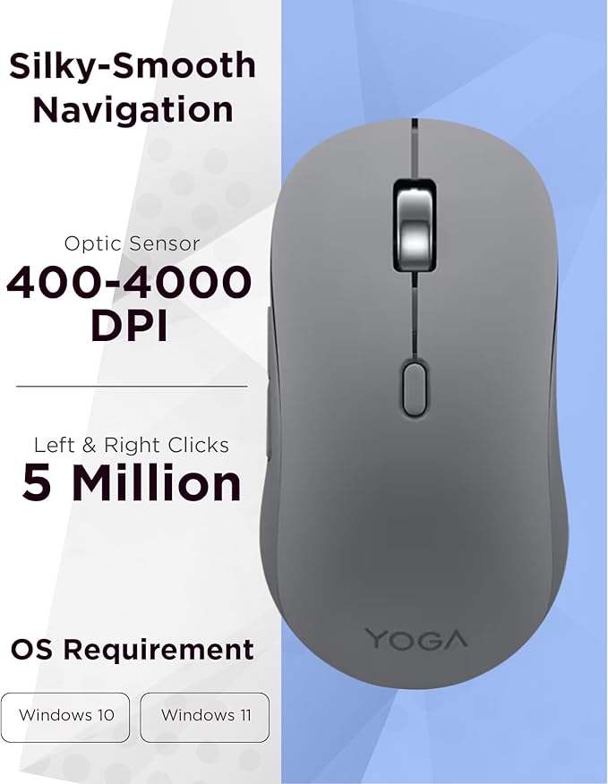 Lenovo Yoga Bluetooth Silent Mouse 3 Level DPI Adjustment 36 Month Battery Life Bluetooth 5.3 3 Device Paring Whisper Quiet Programmable Buttons Smooth Finish Luna Grey