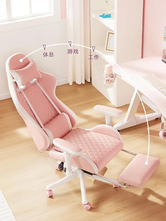 Computer Chair Chairs Pink Gaming Chair Ergonomic Leather Chair Girls Home Office Comfortable Game Swivel Chair Gamer Live Computer Chair(D+There are Pedals)