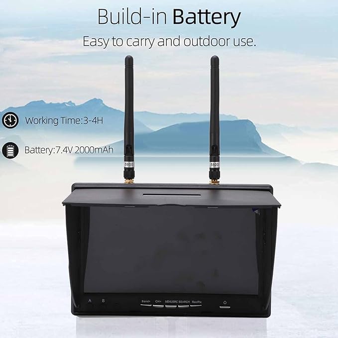 5.8Ghz FPV Receiver Monitor 7 Inch Dual Diversity Receiver with 40 Channels Auto-Scan 800x480 Resolution 600cd/m² Brightness LCD Screen for FPV Drone Racing and Outdoor Monitoring