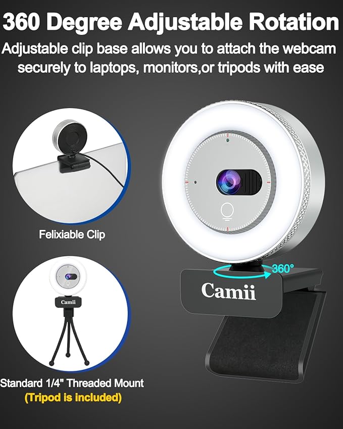 Camii 2K Webcam with Light HD Webcam for PC with Built-in Privacy Cover Adjustable Brightness Noise Reduction Mics for Zoom Skype Teams Laptop and Google Meet