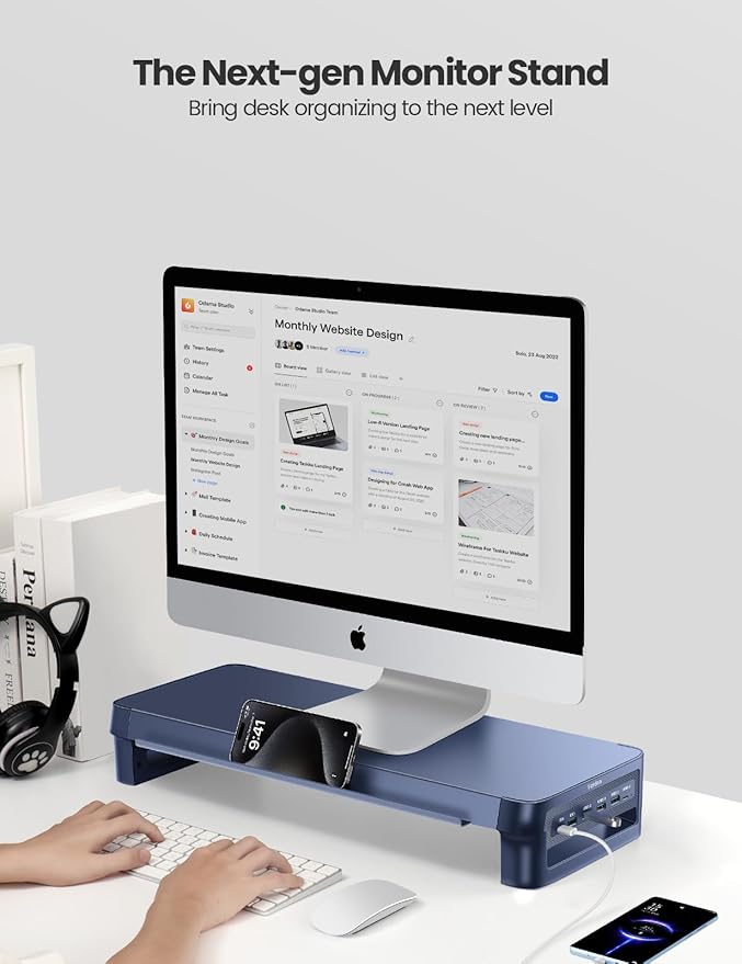 Vaydeer USB 3.0 Monitor Stand Metal Monitor Riser with Hub Support Fast Charging and Transfer Data Keyboard and Mouse Storage Desk Organizer for LaptopComputerNotebookMacBook21.4inch