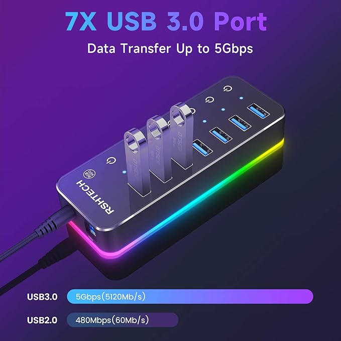 Powered USB Hub RSHTECH RGB 7 Ports USB 3.0/USB C Hub with 14 Mode RGB LED Strip Individual Touch Switches 3.3ft Cable and 5V/4A Power Adapter Aluminum Gaming USB Hub for PC and Laptop RSH-518R