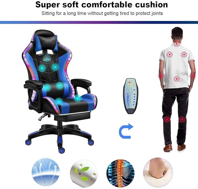 XOOFMASS Gaming Chair with Speakers Ergonomic Massage Gaming Chair with Massage Function Video Game Chairs with LED Light Swivel Racing Computer Chair 90°-135° Adjustment of BackrestWhite