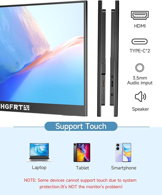 Portable Monitor Touchscreen 15.6 1920x1080 60Hz FHD IPS HDR 10-Point Touch Screen Monitor with Built-in Stand &amp Speaker HDMI USB C VESA External Travel Monitors for Laptop PC Mac Phone