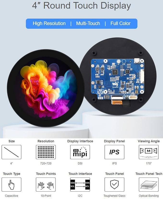 Waveshare 4inch DSI Round Touch Display 720 × 720 Resolution 10-Point Capacitive Touch IPS Display Screen Compatible with Raspberry Pi 5/Pi 4B/3B+/3A+ Compute Module 4/Compute Module 3+/CM3