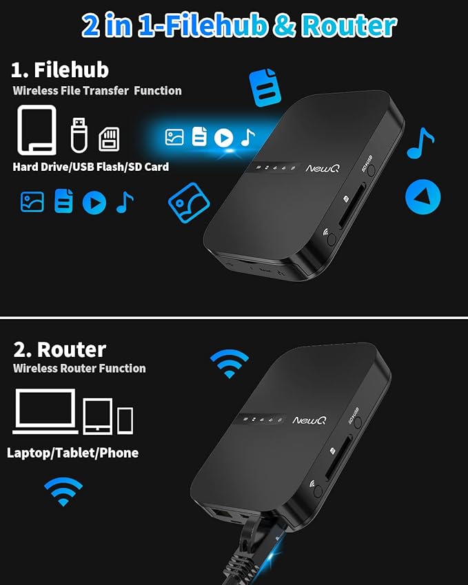 NewQ Filehub AC750 Travel Router: Portable Hard Drive SD Card Reader &amp Mini WiFi Range Extender for Travel | Wireless Access External Harddrive &amp USB Storage Device to Backup Photo &amp Files