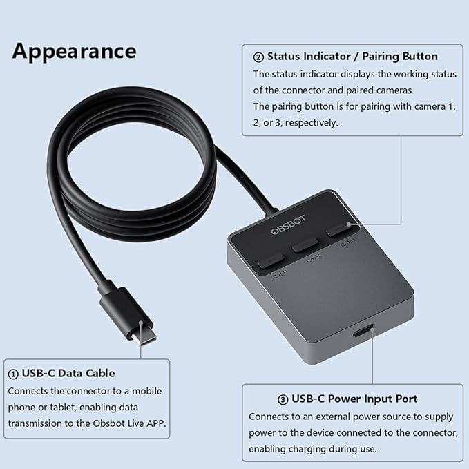 OBSBOT Wireless Multi-Cam Connector Compatible for Tail 2 Tail Air Smartphones &amp Tablets with USB-C Interface