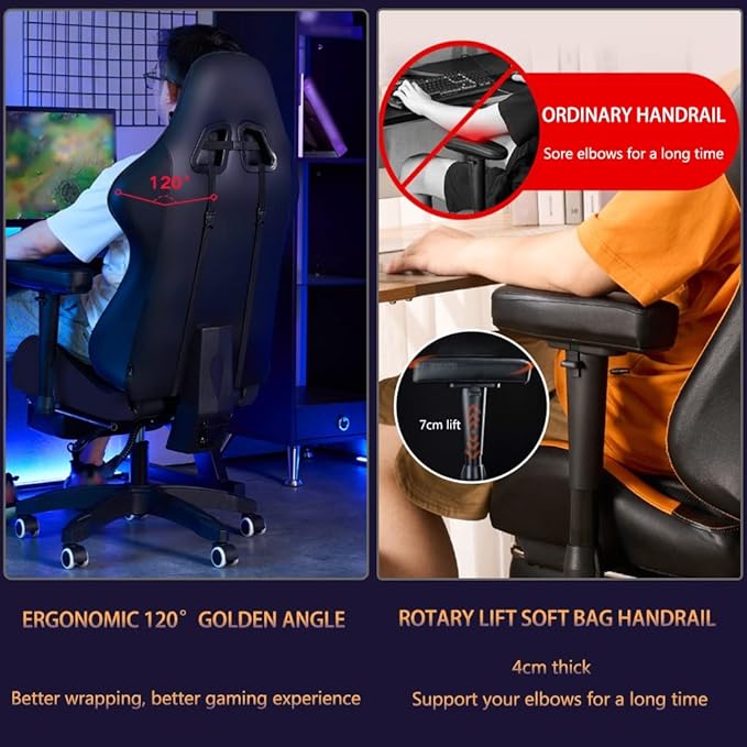 Gamer Chair with Foot Rest Cool Armor Embroidery Decoration Gaming Chair Ergonomic 120° Golden Angle Racing Chair Load Bearing 190kg/418.9lbs (Color : Black Size : 121-131 * 50cm)