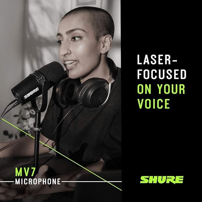 Shure MV7 USB Podcast Microphone for Podcasting Recording Live Streaming &amp Gaming Built-in Headphone Output All Metal USB/XLR Dynamic Mic Voice-Isolating Technology TeamSpeak Certified - Bla
