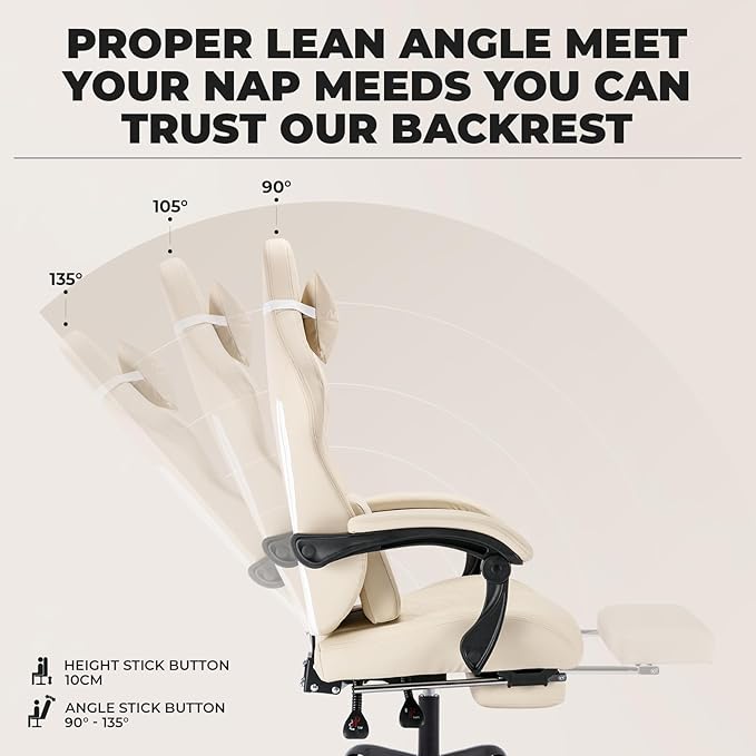 Gaming Chair with Footrest and Massage Lumbar Support Ergonomic Computer Gamer Chair Office Video Game Chairs with Adjustable Height and Backrest (Beige)
