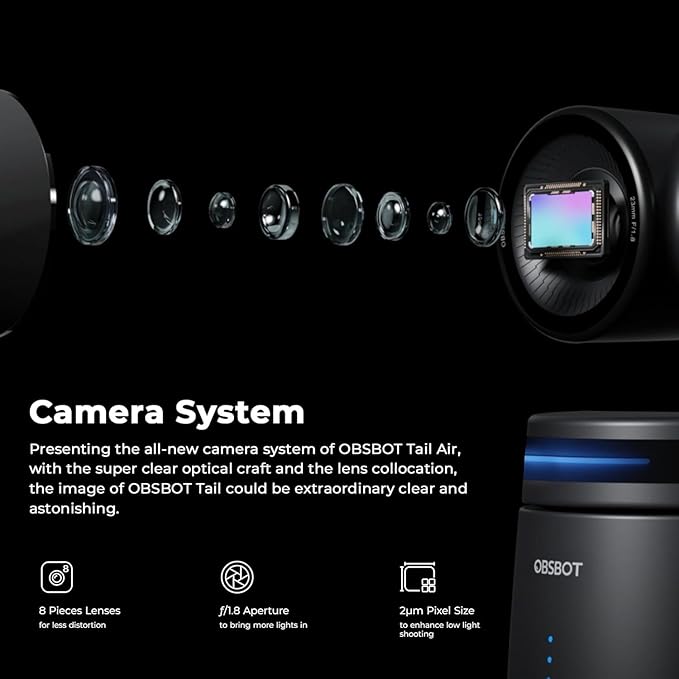 OBSBOT Tail AIR NDI Streaming PTZ CameraSmart RC Controller4K AI-Powered Webcam1.8 CMOSf/1.8 ApertureAI TrackGesture &amp Remote ControlWired&ampWireless ConnectionLiveStream for Church/Mus
