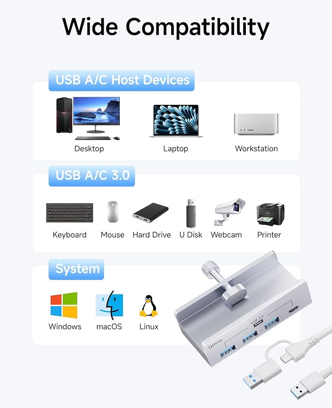 USB Hub 3.0 5Gbps Clamp USB Hub for Desk/Monitors with Extra Power Supply Port 3 USB-A Data Ports USB-C Data Port for iMac Pro/iMac (Silver)