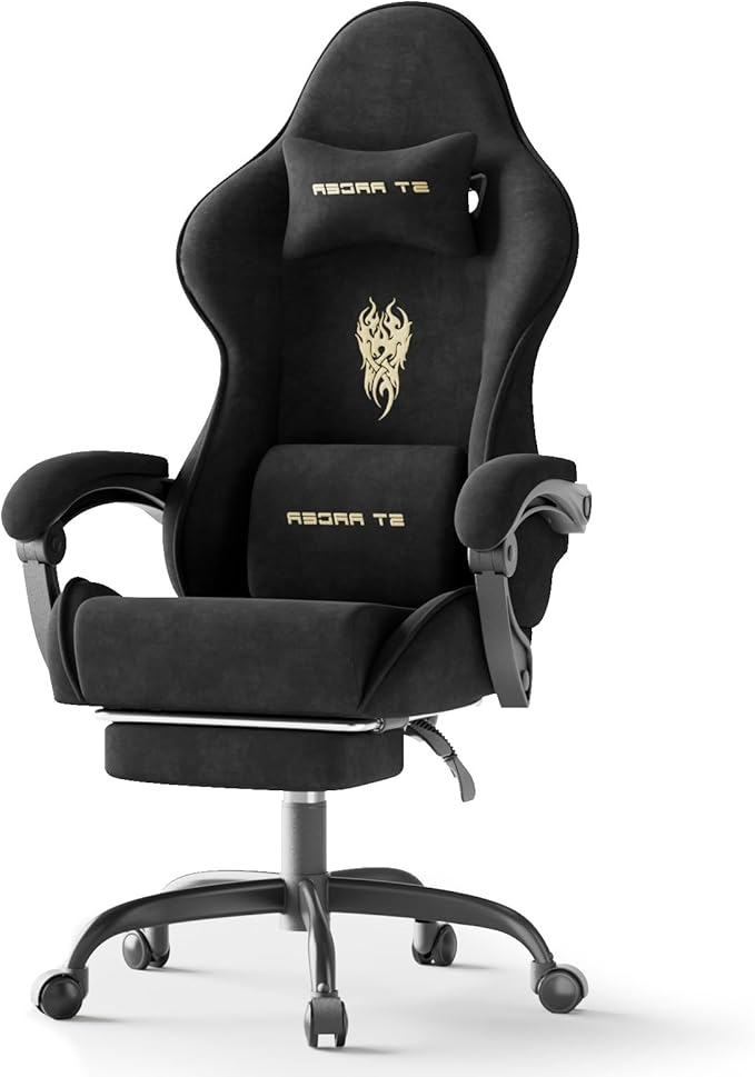 Ferghana Velvet Fabric Gaming Chair Ergonomic Gamer Chair for Adult Comfortable Video Game Chair with Footrest and Massage Lumbar Cushion Racing Reclining Office Home Computer Desk Chair Black