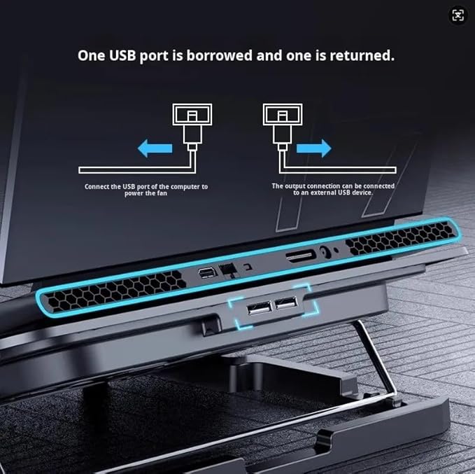 Metal Ice Cooler Silent Exhaust Portable Laptop Cooling Stand with 6 Cooling Fans Cooling Pad for Laptop Fan 15.6 Inch with Height Adjustable Notebook Cooler Pad with Two USB Port