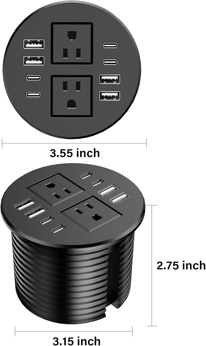Jgstkcity Power StripDesktop Recessed Power Grommet40W Total USB C Fast Charging3.15-Inch Hole 4 Outlets &amp 8 Ports Ideal for Desktop &amp Countertop Flush Mount Outlet