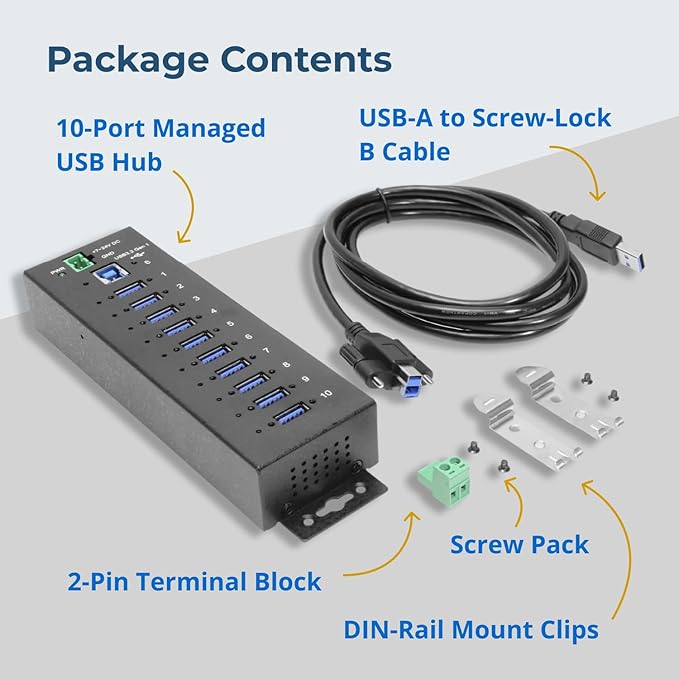 Coolgear Industrial 10 Port USB Hub with Advanced Port Management for Remote Control &amp Versatility 5 Gbps Speed ESD Protection Per Port Secure Screw Lock Surface &amp DIN Mounting