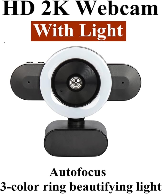 Video Conference Camera HD 2K Webcam with Autofocus 3-Color Ring Light Web Camera with Microphone for PC Computer Camera Web Cam for Streaming for Business Meetings (Color : Black)
