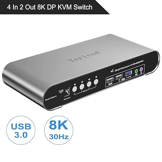 4 Computers 2 DP Monitors Automatic KVM Switch 8K@30Hz 4K@144Hz 4 Port DP USB 3.0 Dual Monitor Aluminum hotkey Audio Microphone Digital Display HDR10 with Cables