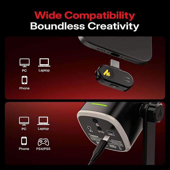 MAONO PD100WS Wireless Gaming Microphone for PC Dynamic Streaming USB Mic with 3 Level Noise CancellingRGBMute Button Software EQComputer Boom Mic for Podcast Vocal Recording Black