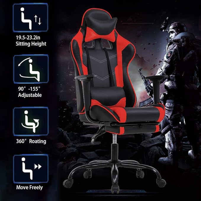 BestOffice | Ergonomic Gaming Chair | Red | Reclining Computer Chair with Lumbar Support Headrest Pillow Adjustable Footrests | 360 Swivel with Heavy Duty Wheels | for Home &amp Office