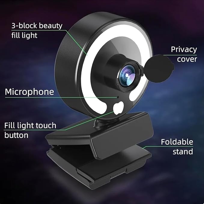 4K Hd Webcam with Light Web cam with Microphone Noise Reduction Wide-Angle Lens Auto Light Adjustment Plug-and-Play USB Webcam for Laptops Desktops Pcs Macs Zoom Skype