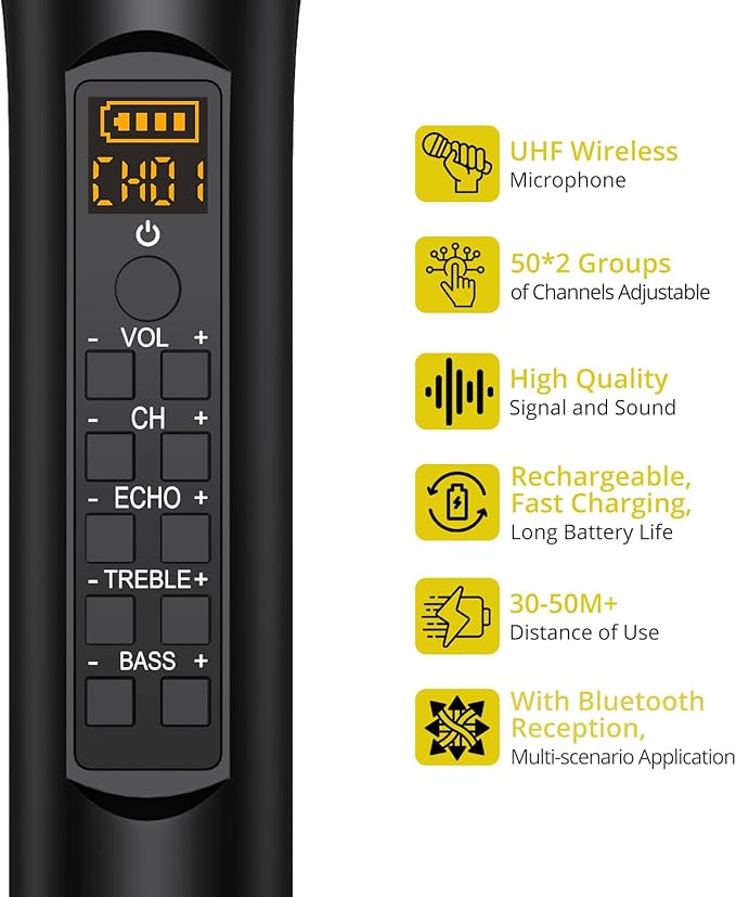 PROZOR UHF Wireless Microphone with Volume Treble Bass Echo Control Wireless Rechargeable Mic Dual Handheld Dynamic Mic System with Rechargeable Receiver for Karaoke Machines DJ Church Weddings