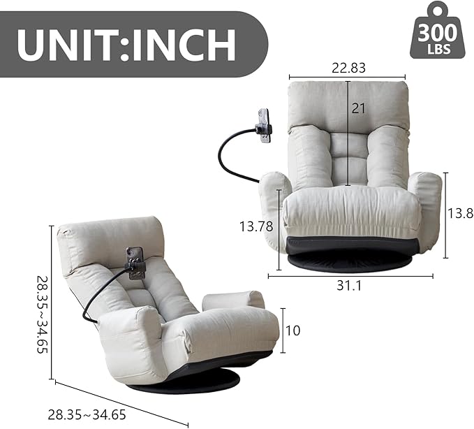 360° Swivel Gaming Floor Chair 5 Position Adjustable Folding Sofa Chair with Armrests &amp Phone Holder Cushion Padded Indoor Chaise Lounge for Adults Home Office Floor Leisure Chairs Grey
