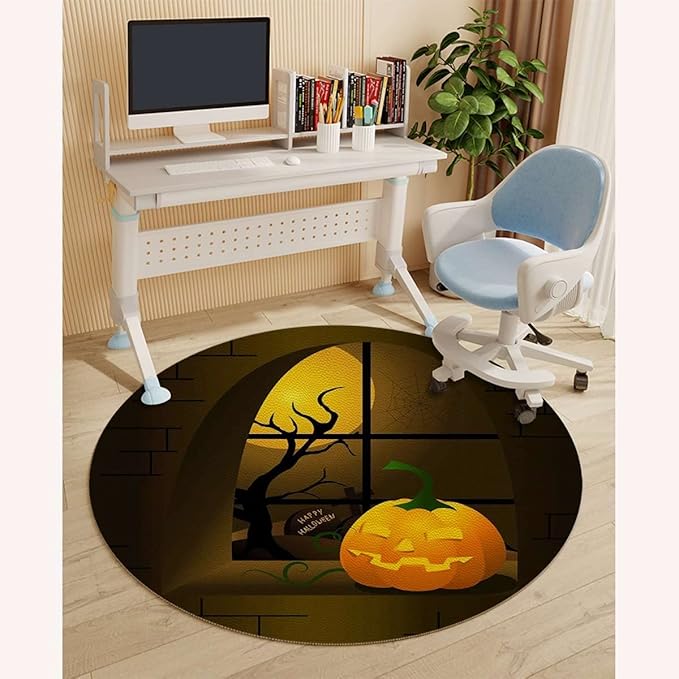 Orange Yellow Black PU Leather Office Chair Mat for Hardwood Floors Desk Carpet Halloween Themed Night Swirled Anti-Slip Multi-Purpose Low Pile Computer Chair Mat Animal Diameter 55 in