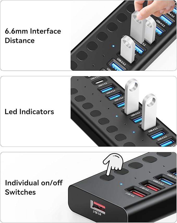 AGEEN 16-Port Powered USB 3.2 Hub-10Gbps SuperSpeed Data Splitter with 2 USB-C &amp 11 USB-A Ports 3 x 24W QC 3.0 Fast Charging Ports Individual On/Off Switches 96W Power Adapter for Laptop (16 Po