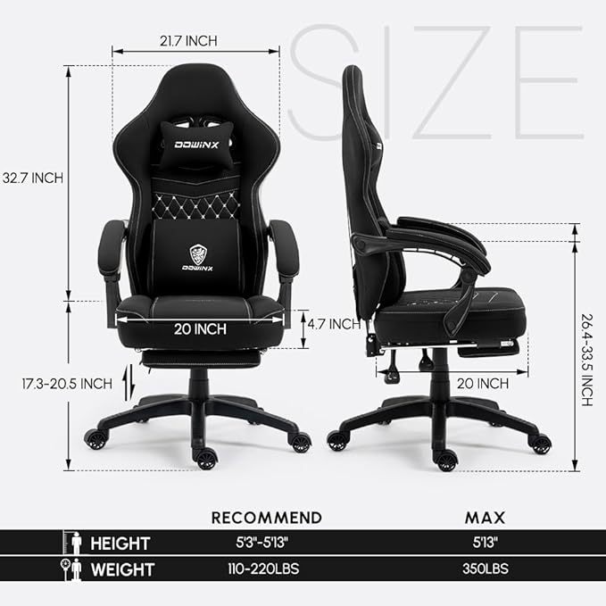 Dowinx Gaming Chair Breathable Fabric with Gel Pad Ergonomic Game Chair with Pocket Spring Cushion Comfortable Office Chair with Footrest and Storage Bag for Adults Black