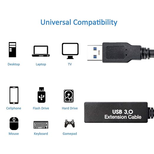 33FT USB 3.0 Active Extension CableUSB Extension Cord A-Male to A-FemaleCompatible with Oculus Quest 3 VRHeadsetHard DrivePrinterWebcamScannerPS4 More