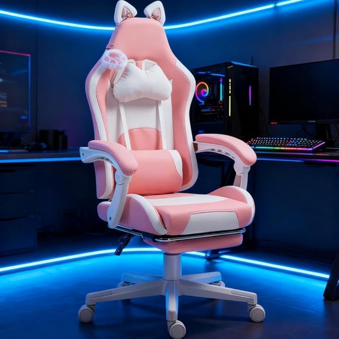 Cute Cat Ears Gaming Chair Girly Ergonomic Computer Chair with High Back 360° Swivel Office Computer Chair with Footrest and Paw Lumbar Cushion for Teens Girls Women (Pink White)