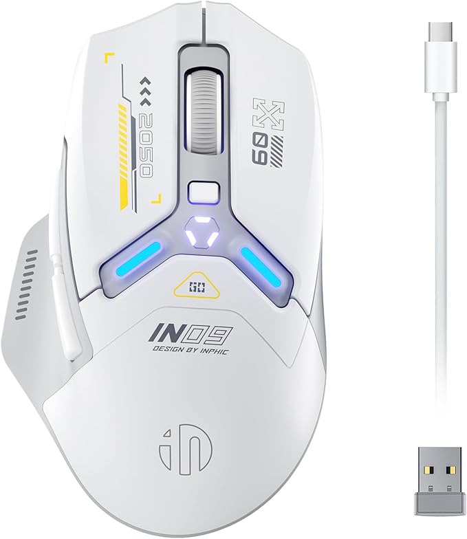INPHIC IN9 Wireless Gaming Mouse True Tri-Mode Bluetooth/Type-C Wired/2.4G Wireless Connection 10000 DPl Fully Programmable RGB Backlit for Laptop PC Mac