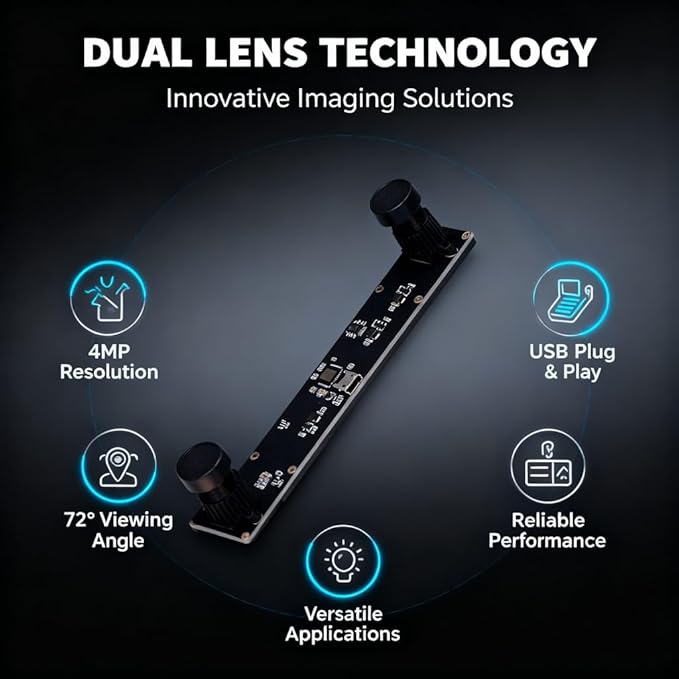 4MP Dual Lens USB Camera Board 1080P 3D VR Distance Measurement 72° Viewing Angle with Distortion - High Resolution Depth Detection Plug and Play Compatibility for Industrial U
