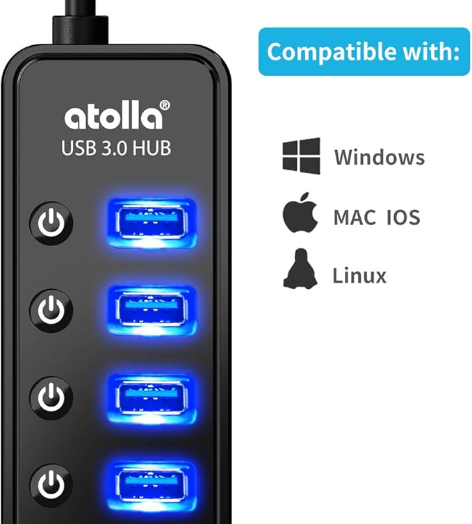 Powered USB Hub 3.0 Atolla 7-Port USB Data Hub Splitter with One Smart Charging Port and Individual On/Off Switches and 5V/4A Power Adapter USB Extension for MacBook Mac Pro/Mini and More.