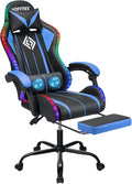 RGB Gaming Chair Massage with LED Lights and Ergonomic Computer Gaming Chair with Footrest High Back Video Game Chairs with Adjustable Lumbar Support Blue and Black