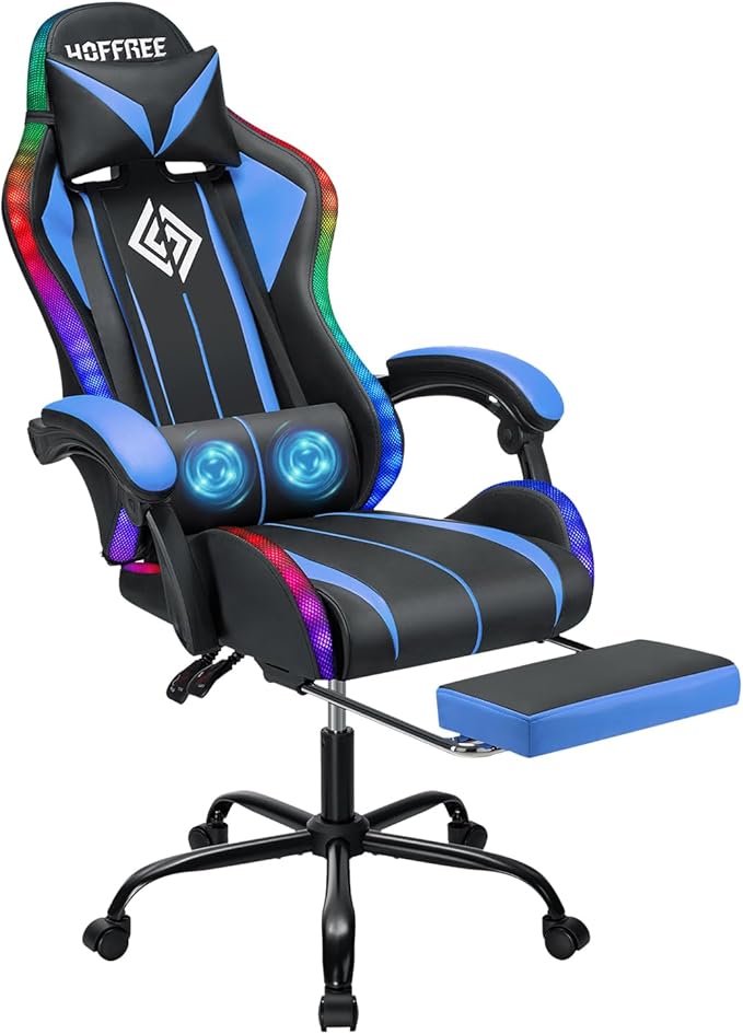 RGB Gaming Chair Massage with LED Lights and Ergonomic Computer Gaming Chair with Footrest High Back Video Game Chairs with Adjustable Lumbar Support Blue and Black