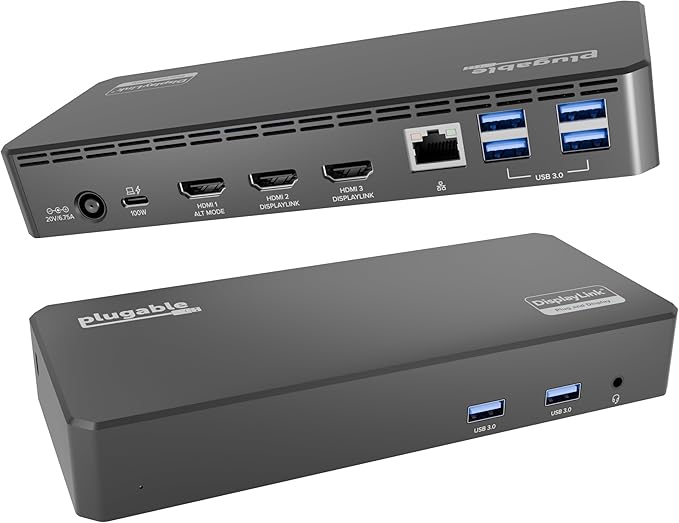 Plugable USB C Triple Display Docking Station | 100W PD 3x HDMI (1x 4K 30Hz 2x 1080p 60Hz) 6x USB 5Gbps Ports | Windows macOS ChromeOS Compatible - Enhance Productivity with Multi-Monitor Support