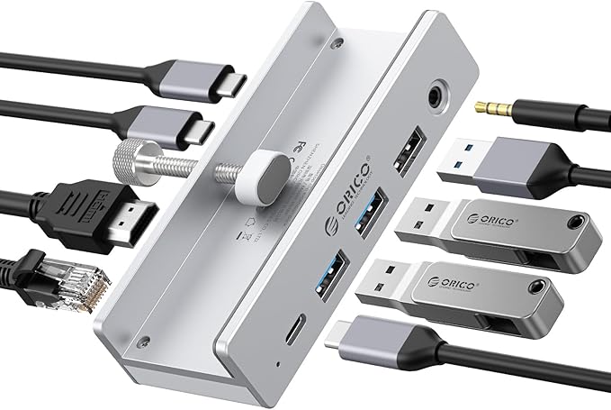 ORICO Clip Docking Station 8-in-1 Clamp USB C Hub with 4K@60Hz HDMI 100W PD Gigabit Ethernet 4xUSB Port AUX 10Gbps Clamp Docking Station for Laptop MacBook PC (Adapter Not Included)