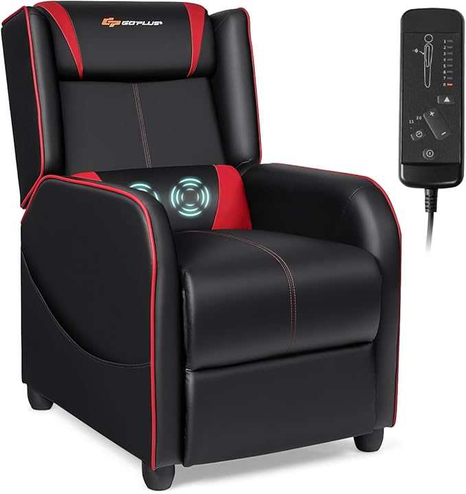 Goplus Massage Gaming Recliner Chair Racing Style PU Leather Single Recliner Sofa with Footrest Adjustable Modern Living Room Recliners Ergonomic Home Theater Recliner Seat (Red)