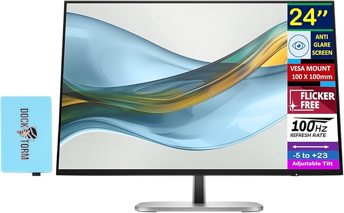 HP Series 5 Pro 24 100Hz 300 Nits WUXGA IPS Monitor Anti Glare Flicker Free VESA Mount (100mm) Adjustable Tilt Swivel Pivot Displayport &amp Dockztorm USB Port Expander Black/Silver Color