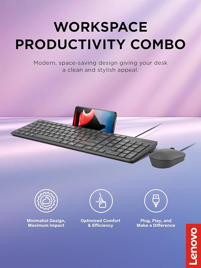 Lenovo 310 USB-A Wired Keyboard Mouse Combo Quiet Keys Ultra-Slim Gaming Design Spill-Resistant Integrated Phone Stand Compatible w Laptop PC Tablet – Ergonomic Mouse Mechanical Keyboard USB
