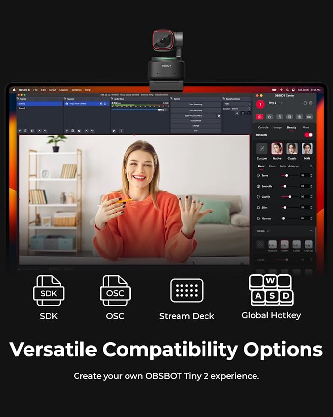 OBSBOT Tiny 2 Webcam 4K Voice Control PTZ AI Tracking Multi-Mode &amp Auto Focus Web Camera with 1/1.5 Sensor Gesture Control 60 FPS HDR Light Correction Webcam for PC Streaming Meeting etc