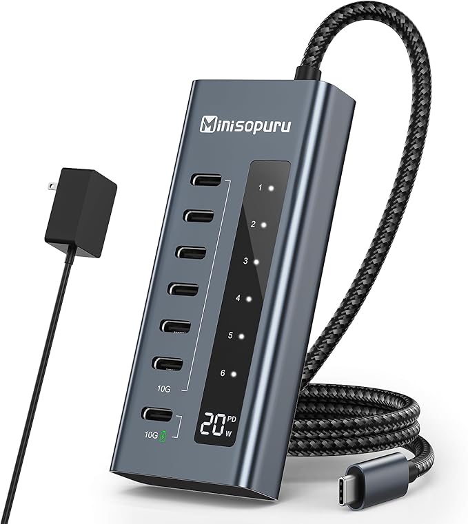 Minisopuru Powered USB C Hub 7 in 1 USB-C Hub Support 10Gbps Data &amp 20W Charging USBC Hub Powered Multiport Adapter for MacBook Pro/Air iMaciPad Phone Surface Dell etc.(Not Support Video)