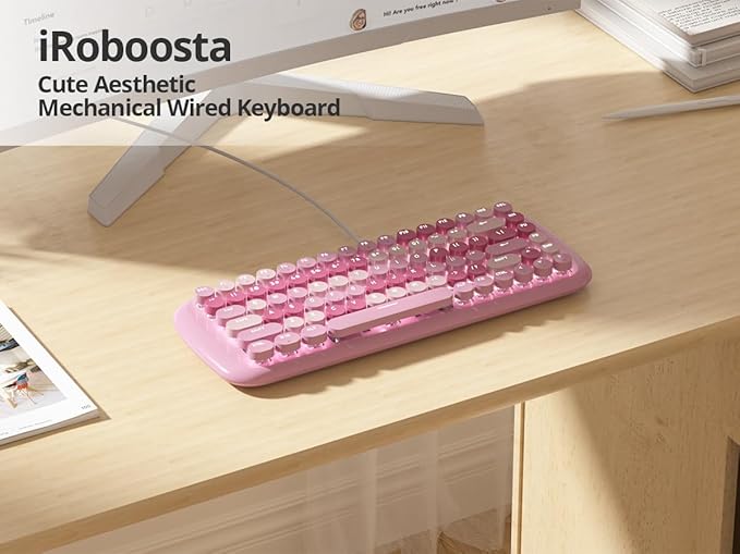 Pink Creamy Mechanical Gaming Keyboard Aesthetic w/White Backlit 84 Keys Cute Retro Typewriter Computer Keyboard Wired Round Keycaps for Windows/PC/PS5