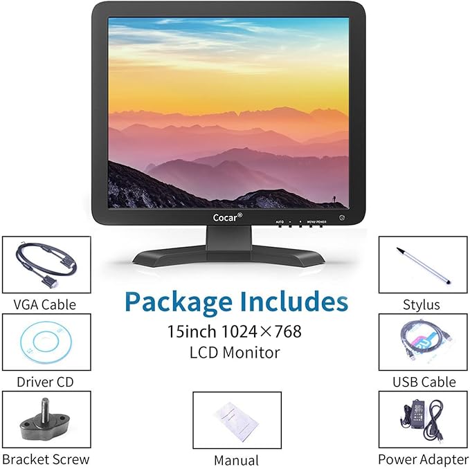 Cocar 15-inch Touchscreen Monitor LCD 1024x768 Resolution with VGA Input for PC Office Retail Restaurant Bar Warehouse &amp POS Systems