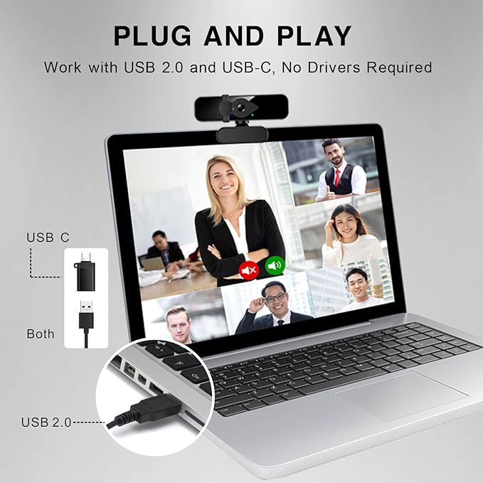 2K Ultra HD Webcam Computer Camera for PC Monitor Laptop Desktop - External Web Cameras with Microphone USB C Adapter Privacy Cover for Video Conferencing Streaming &amp Online Learning