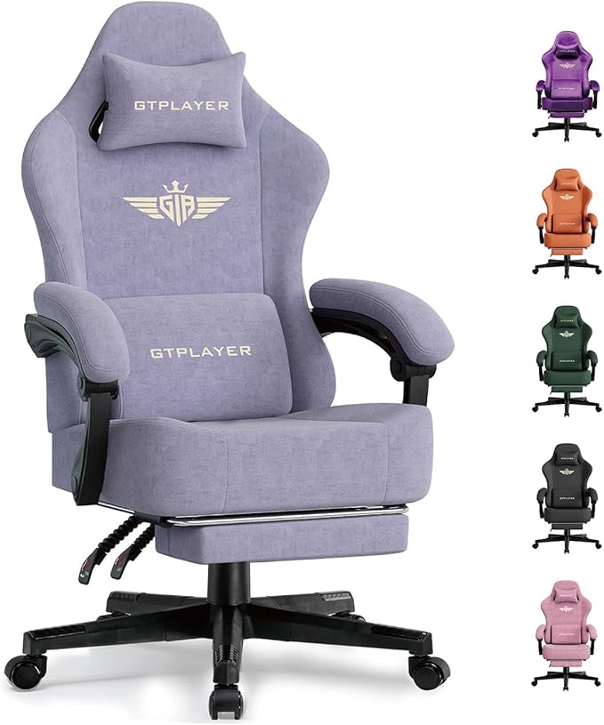 GTPLAYER Gaming Chair with Pocket Spring Cushion High Back Ergonomic Computer Chair with Footrest for Adults Lumbar Support Swivel Game Chair for Office Gaming 350LBS Fabric Macaron Purple