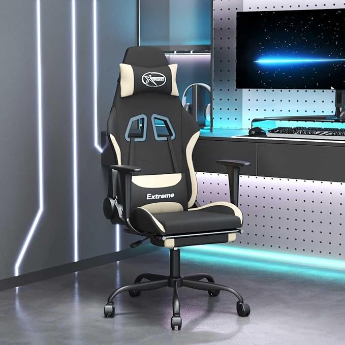 vidaXL Massage Gaming Chair for Adult Reclining Computer Chair with Footrest and Headrest Height Adjustable Office Chair with 360°-Swivel Castors Black and Cream Fabric