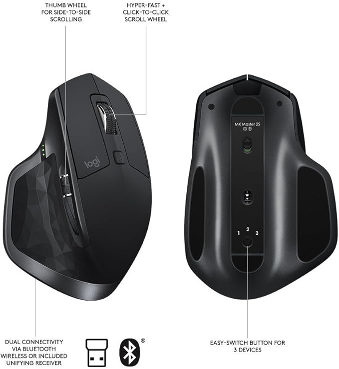 Logitech MX Master 2S Wireless Mouse with Flow Cross-Computer Control and File Sharing for PC and Mac Graphite
